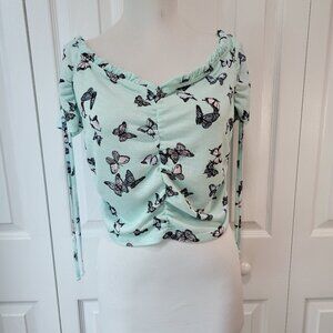 ALMOST FAMOUS Light Blue Butterfly Off-the-Shoulder Cropped Crop Top sz XL EUC
